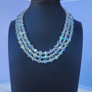 Vintage Aurora Borealis 3 stands Sparkling Crystals necklace. 17 in